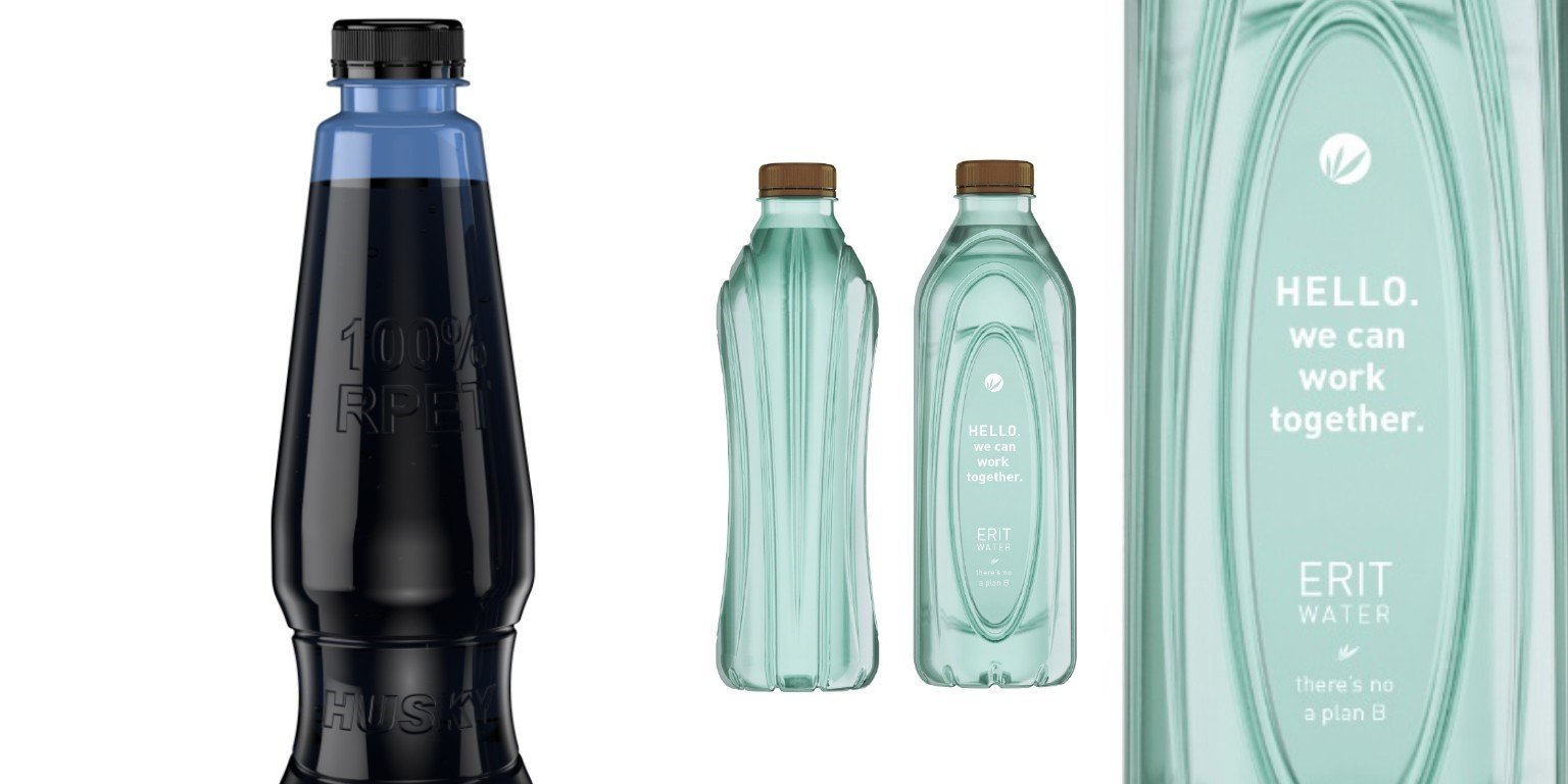 Examples of beverage packaging using 100% recycled PET: soft drinks and water