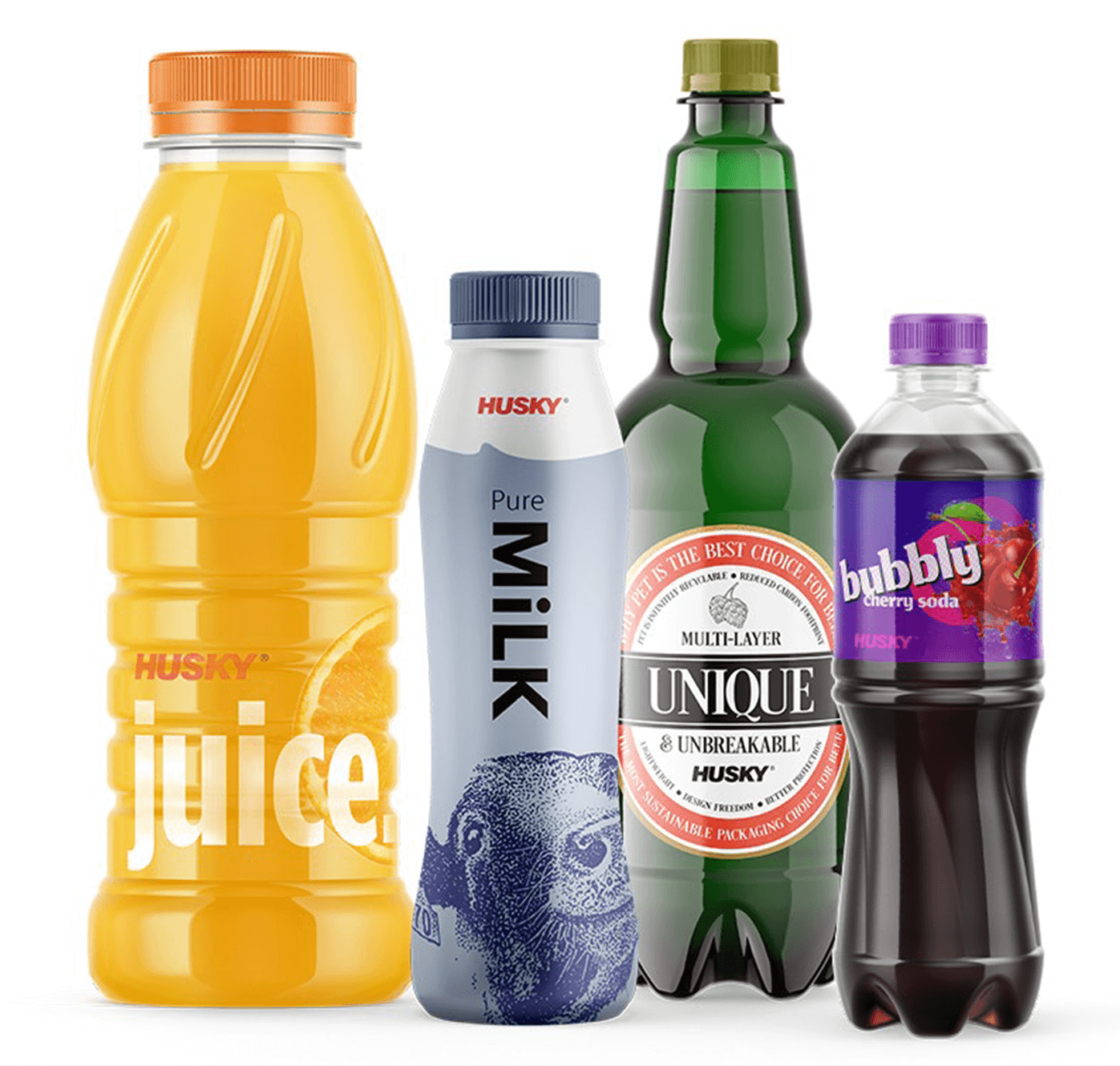 Examples of beverage packaging using multi-layer PET: Juice, beer, soda, milk