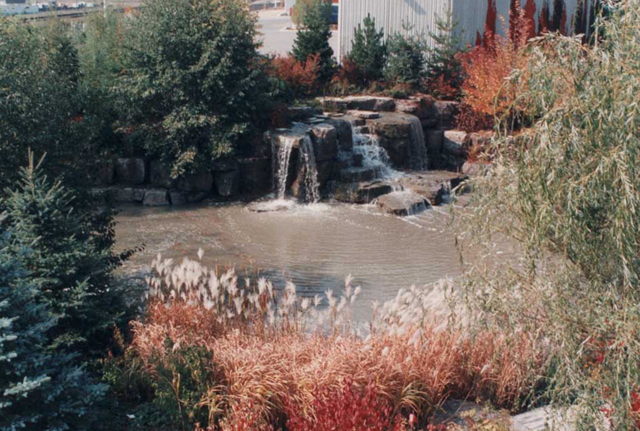 A waterfall at an earth friendly Husky facility